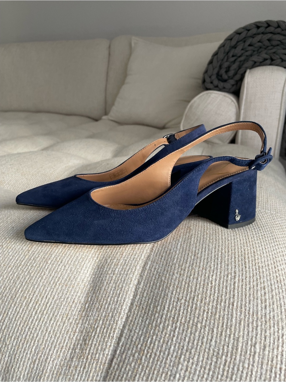 Sam Edelman Petra Pointed Toe Slingback Heel Navy Blue Suede